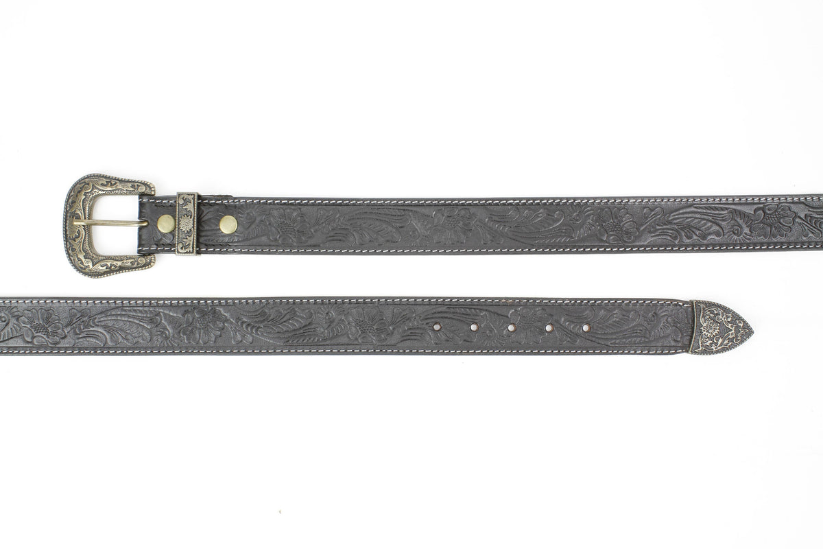 Black Tooled Leather Belt with Floral Filigree ABB 14-2630