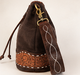Boot Stitch Bucket Purse | Tooled Leather Western Bucket Bag | Branding Iron Western Wear