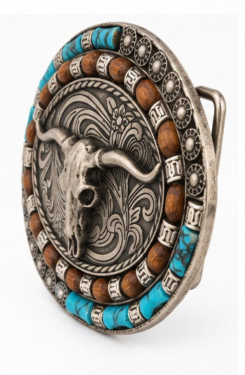 Turquoise Longhorn Western Belt Buckle | Branding Iron Western Wear