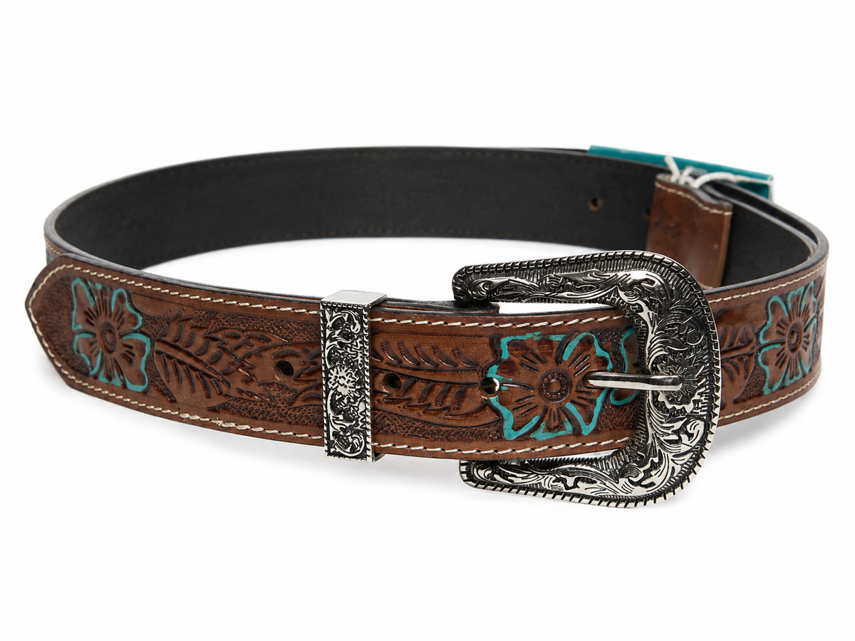 Tooled Leather Belt with Turquoise Floral Accent