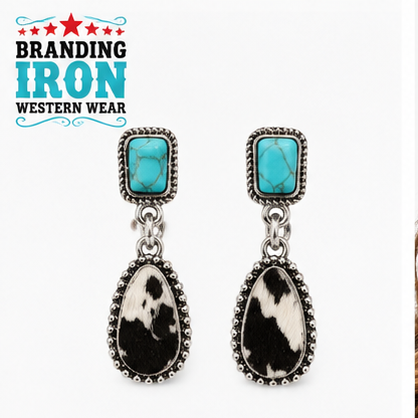 Cheyenne Cowhide & Turquoise Earrings | Branding Iron Western Wear