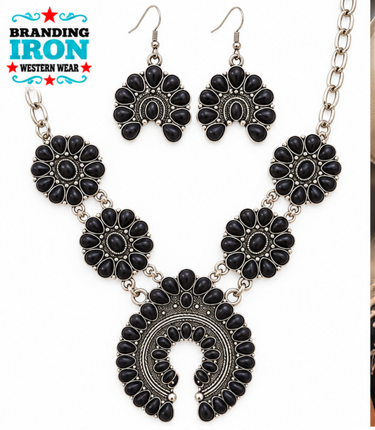 Black Diamond Squash Blossom Jewelry Set | Branding Iron Western