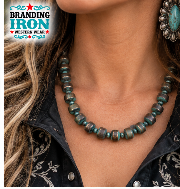 Turquoise Patina Western Beaded Necklace | Branding Iron