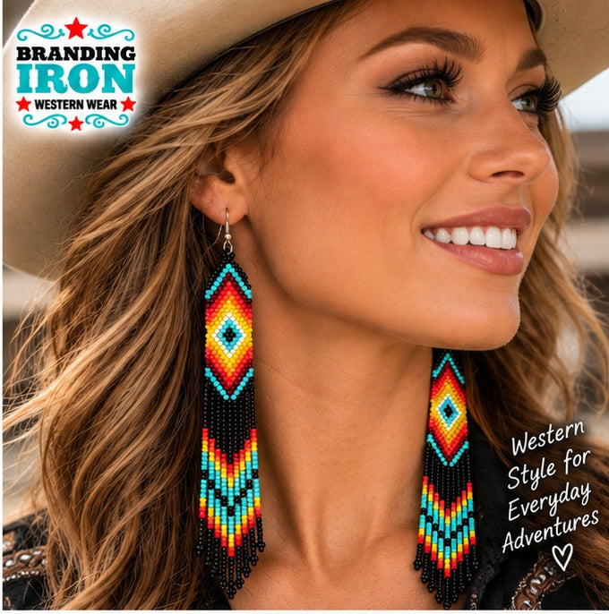 Desert Sunset Beaded Fringe Earrings | Branding Iron Western
