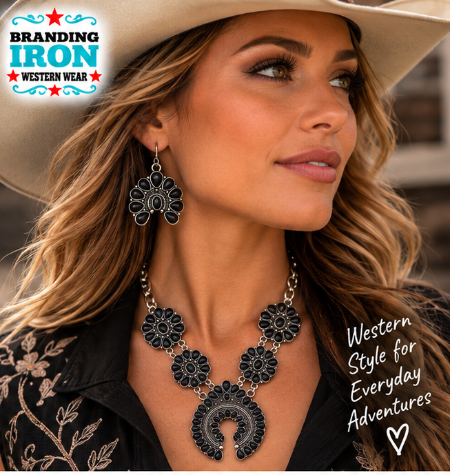 Black Diamond Squash Blossom Jewelry Set | Branding Iron Western