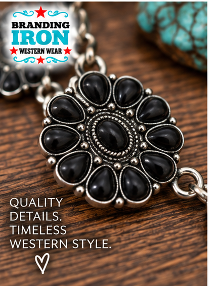 Black Diamond Squash Blossom Jewelry Set | Branding Iron Western