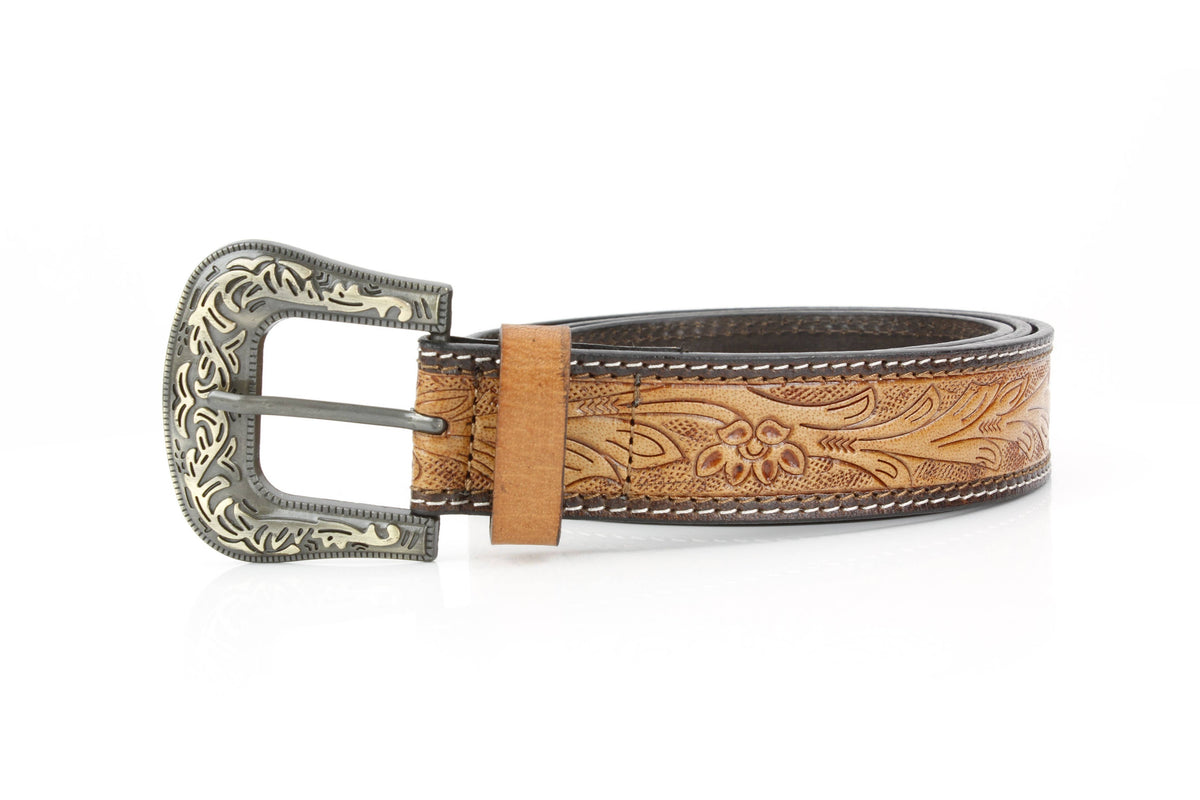 Tan Tooled Leather Floral Belt Unisex Western RMB 14-2502