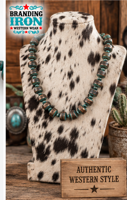 Turquoise Patina Western Beaded Necklace | Branding Iron