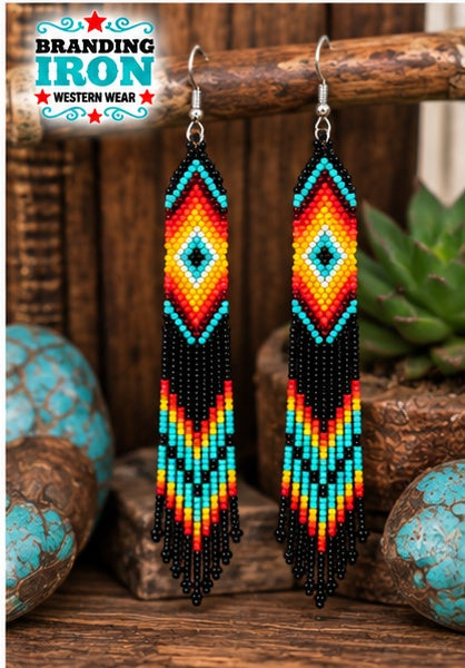 Desert Sunset Beaded Fringe Earrings | Branding Iron Western