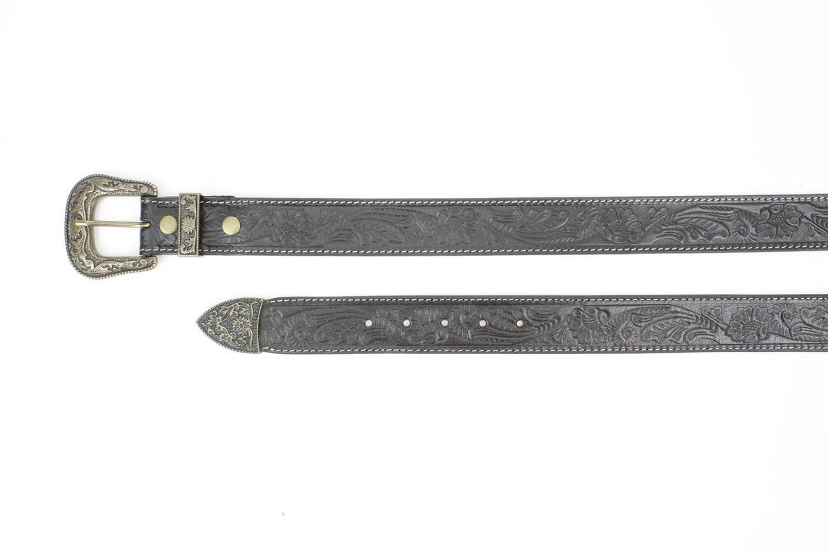 Black Tooled Leather Belt with Floral Filigree ABB 14-2630