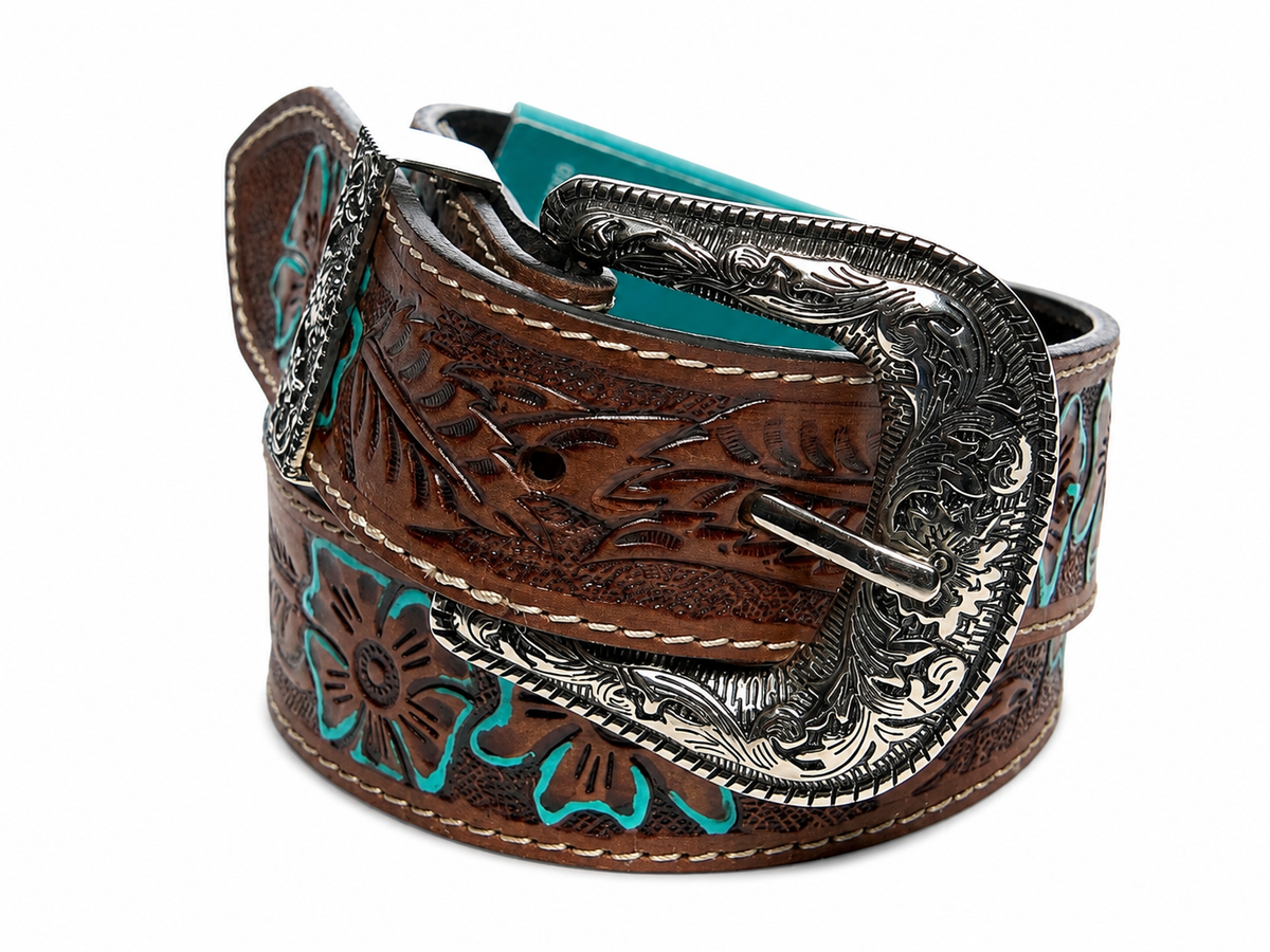 Tooled Leather Belt with Turquoise Floral Accent