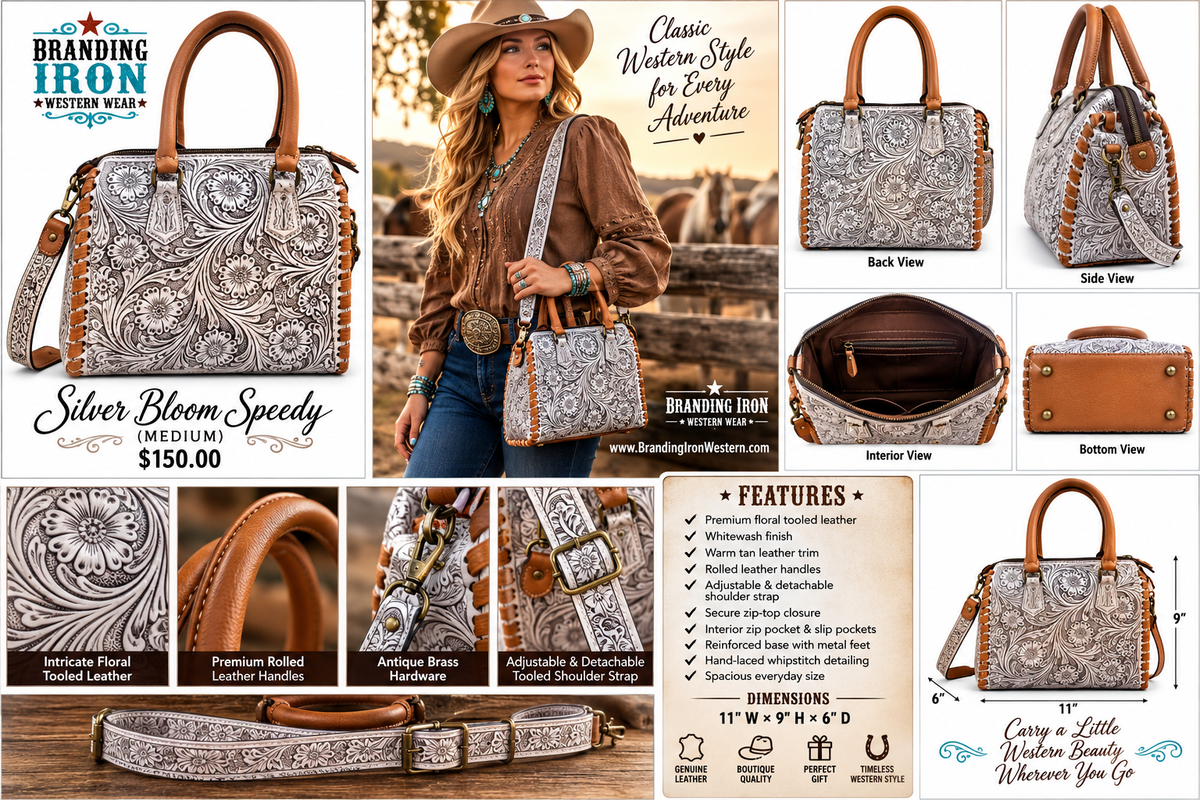 Silver Bloom Speedy (Medium) | Tooled Leather Western Satchel | Branding Iron Western Wear
