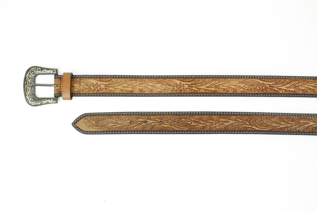 Tan Tooled Leather Floral Belt Unisex Western RMB 14-2502