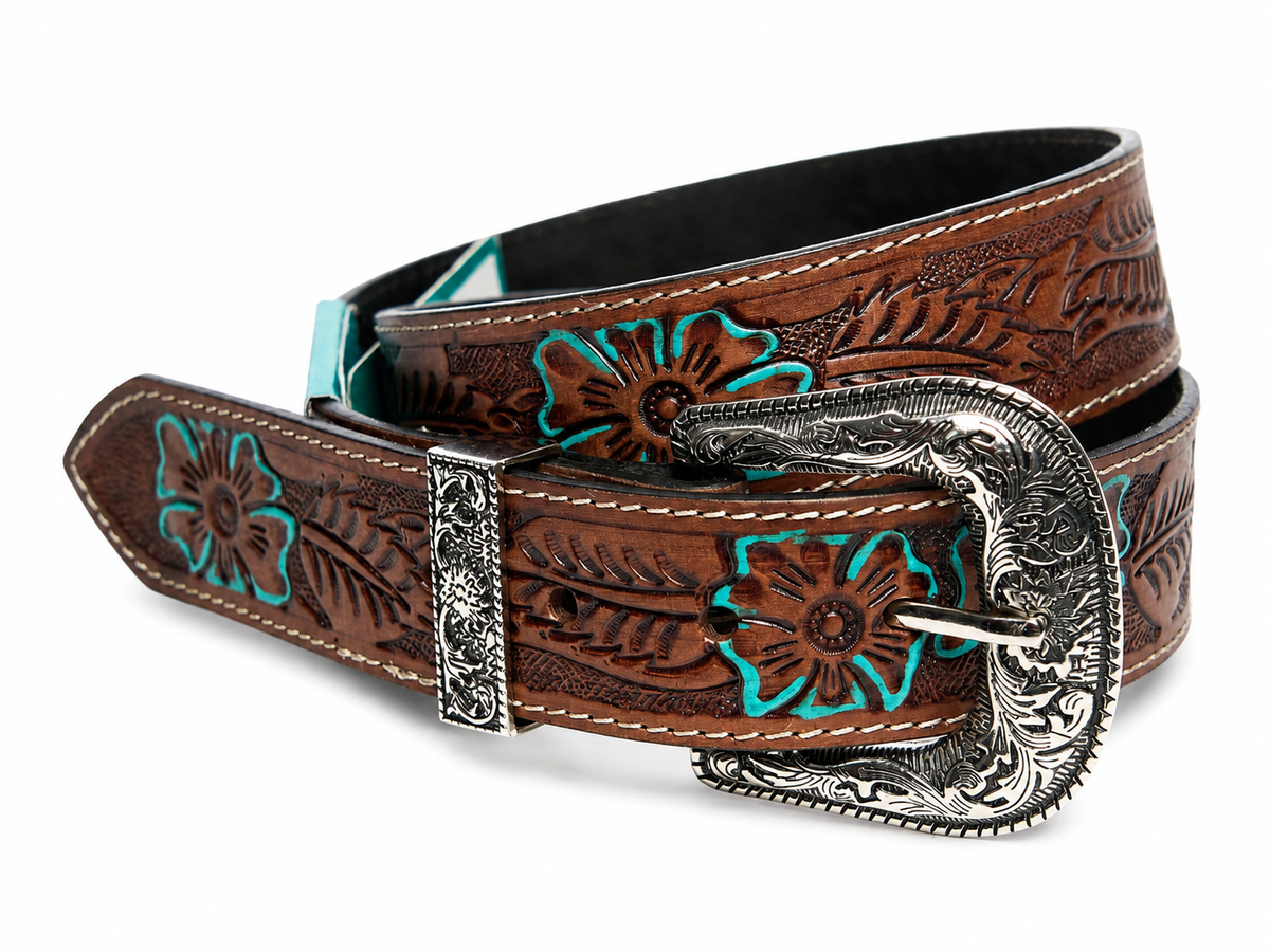 Tooled Leather Belt with Turquoise Floral Accent