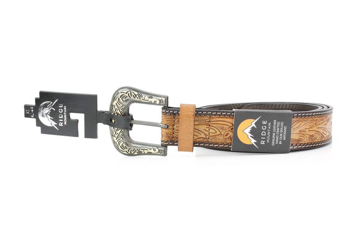 Tan Tooled Leather Floral Belt Unisex Western RMB 14-2502