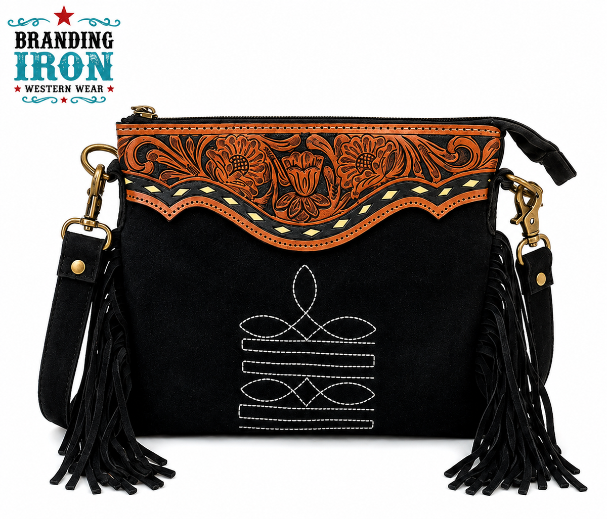 Boot Stitch Crossbody | Black Suede Western Fringe Purse