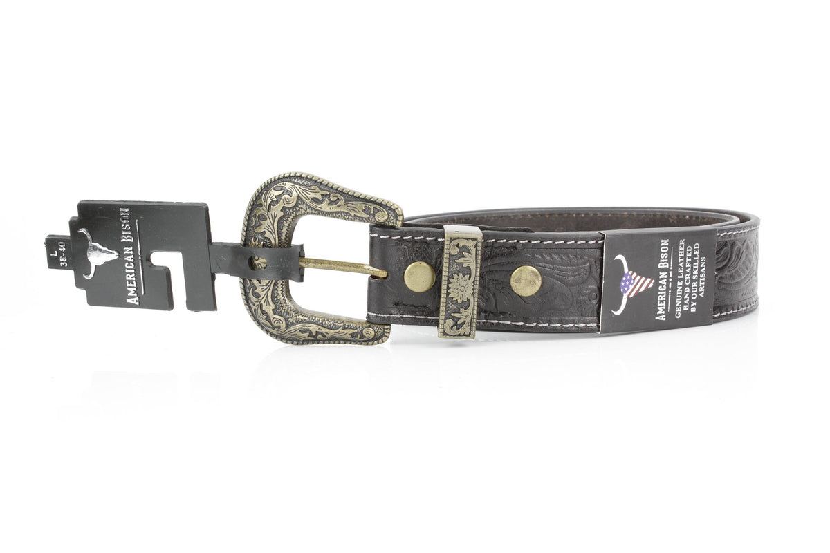 Black Tooled Leather Belt with Floral Filigree ABB 14-2630