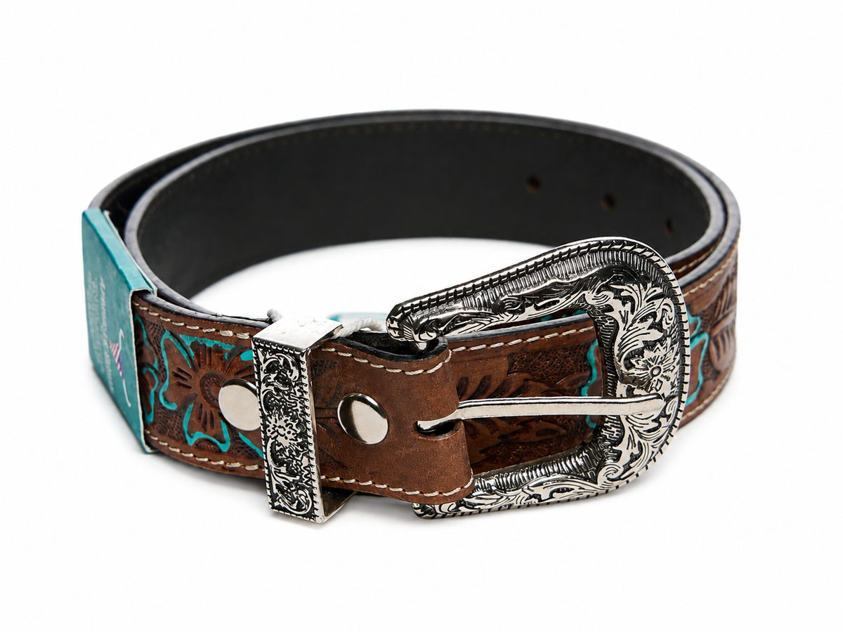 Tooled Leather Belt with Turquoise Floral Accent