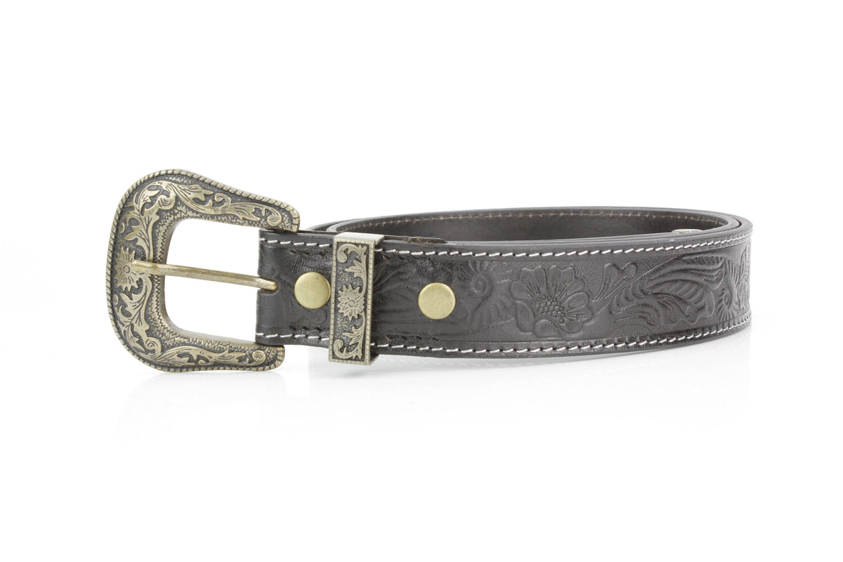 Black Tooled Leather Belt with Floral Filigree ABB 14-2630