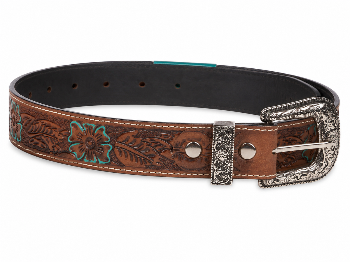 Tooled Leather Belt with Turquoise Floral Accent