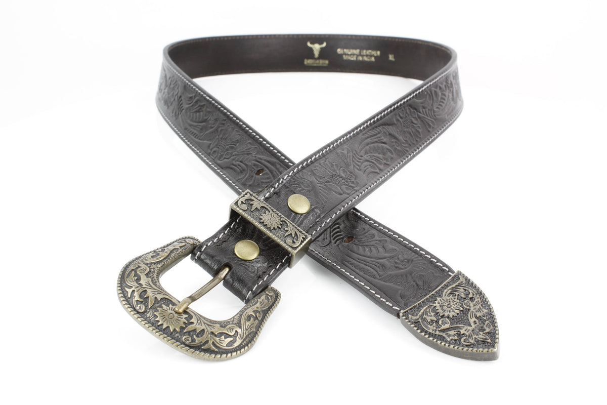 Black Tooled Leather Belt with Floral Filigree ABB 14-2630