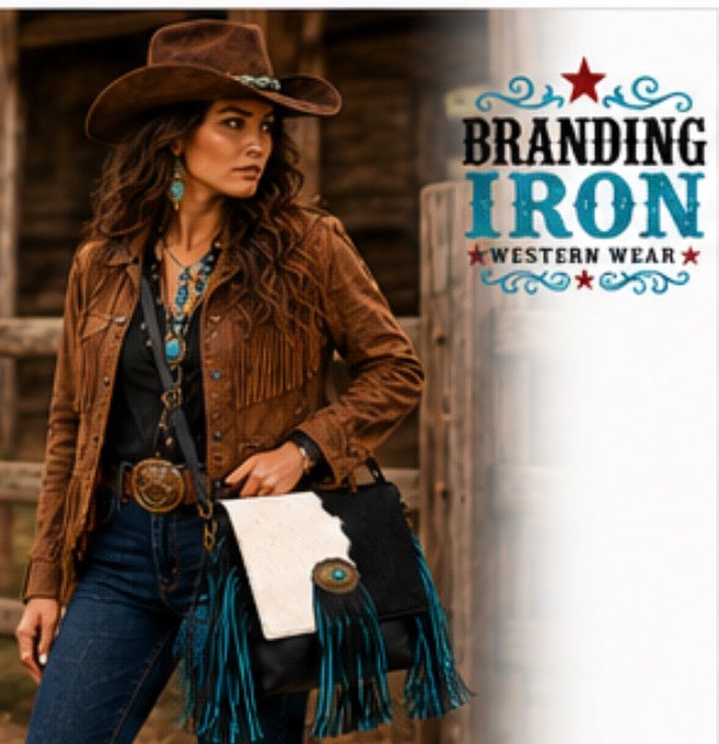 Midnight Mesa Fringe | Genuine Hair-on Hide Western Purse | Branding Iron Western Wear
