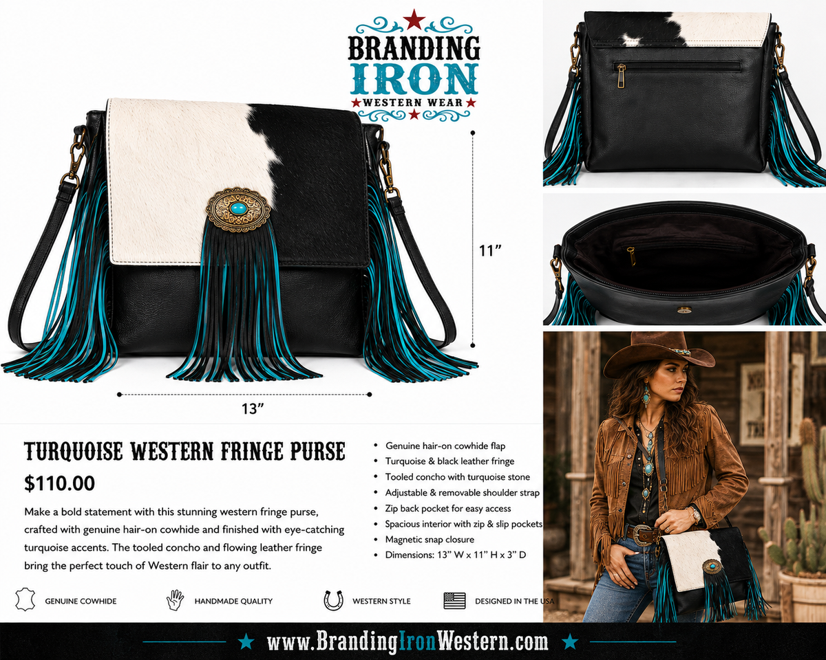 Midnight Mesa Fringe | Genuine Hair-on Hide Western Purse | Branding Iron Western Wear