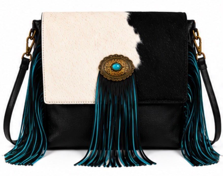 Midnight Mesa Fringe | Genuine Hair-on Hide Western Purse | Branding Iron Western Wear