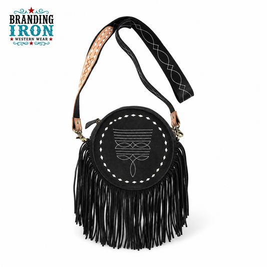 Boot Stitch Canteen Purse | Black Fringe Western Crossbody
