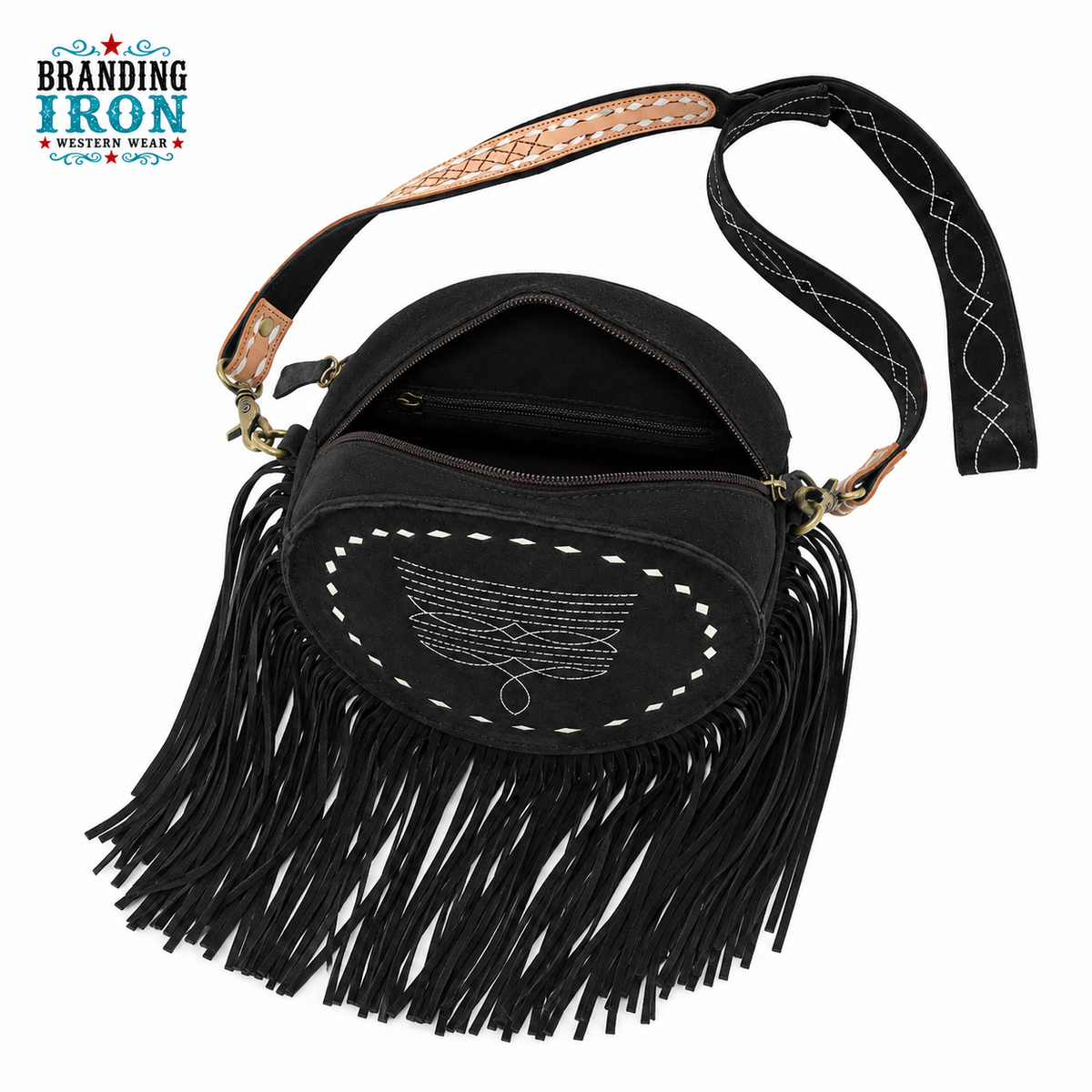Boot Stitch Canteen Purse | Black Fringe Western Crossbody