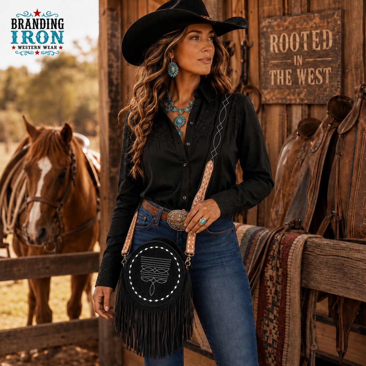Boot Stitch Canteen Purse | Black Fringe Western Crossbody