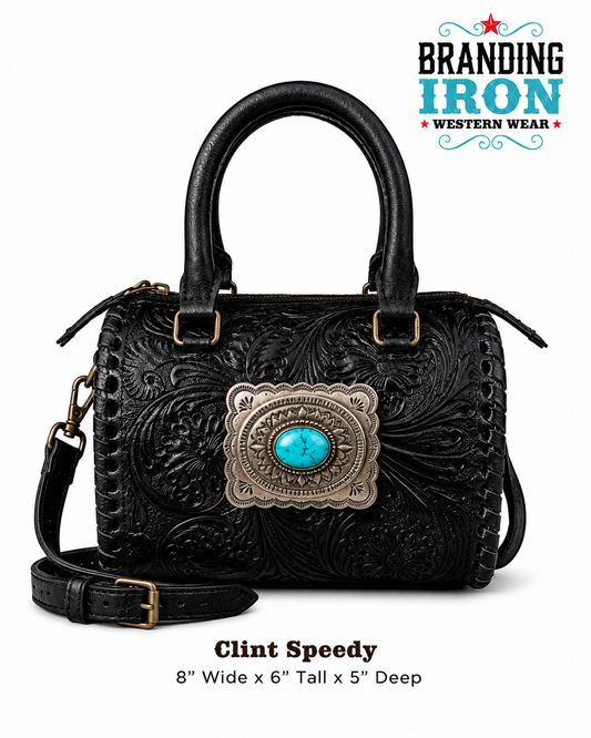 Clint Speedy Black Tooled Leather Western Purse | Branding Iron