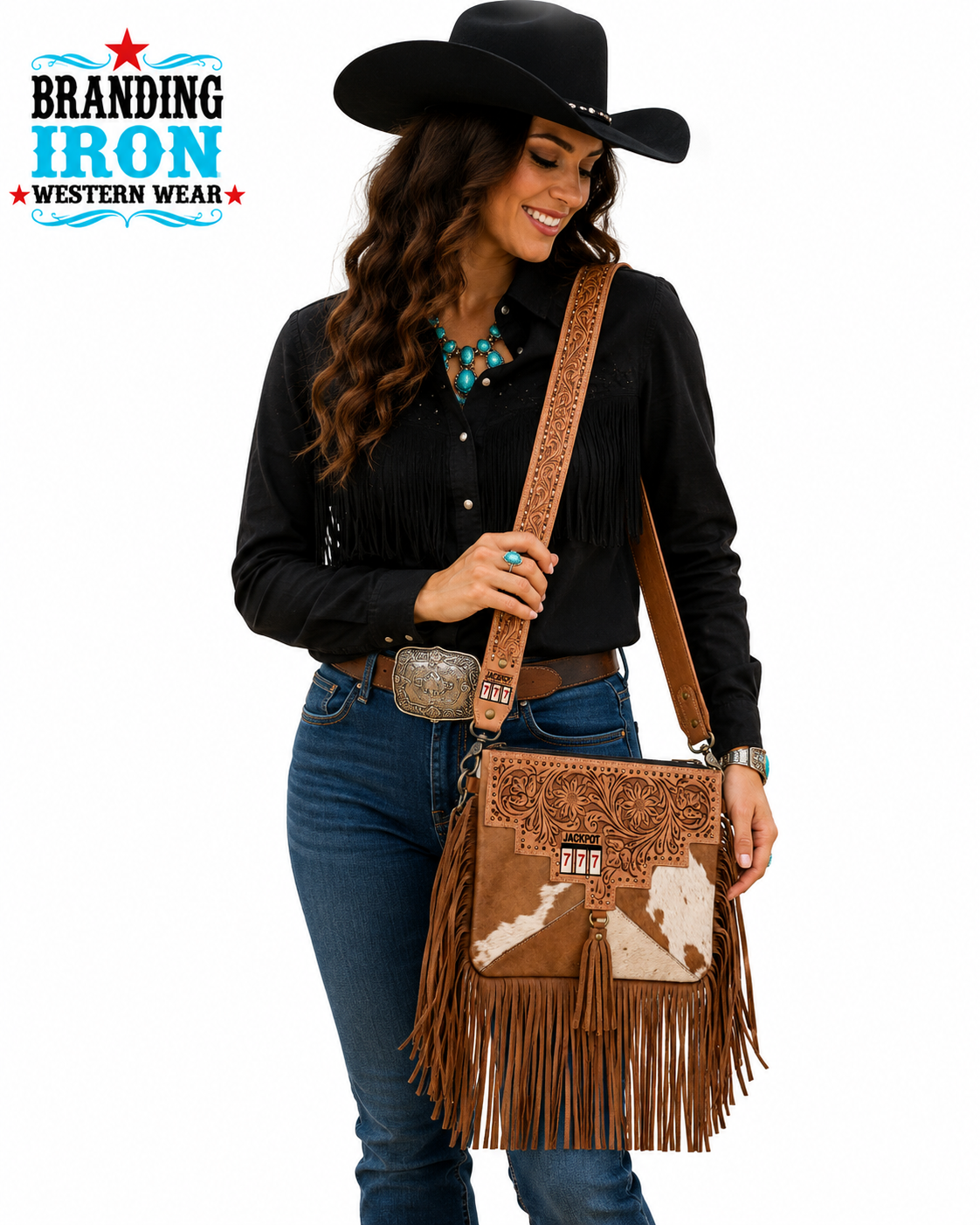 Jackpot Fringe Cowhide Crossbody Purse | Branding Iron Western Wear