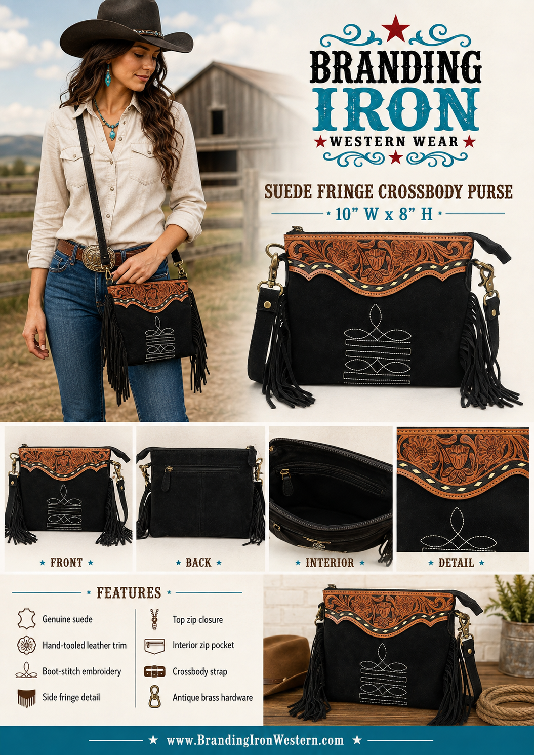 Boot Stitch Crossbody | Black Suede Western Fringe Purse
