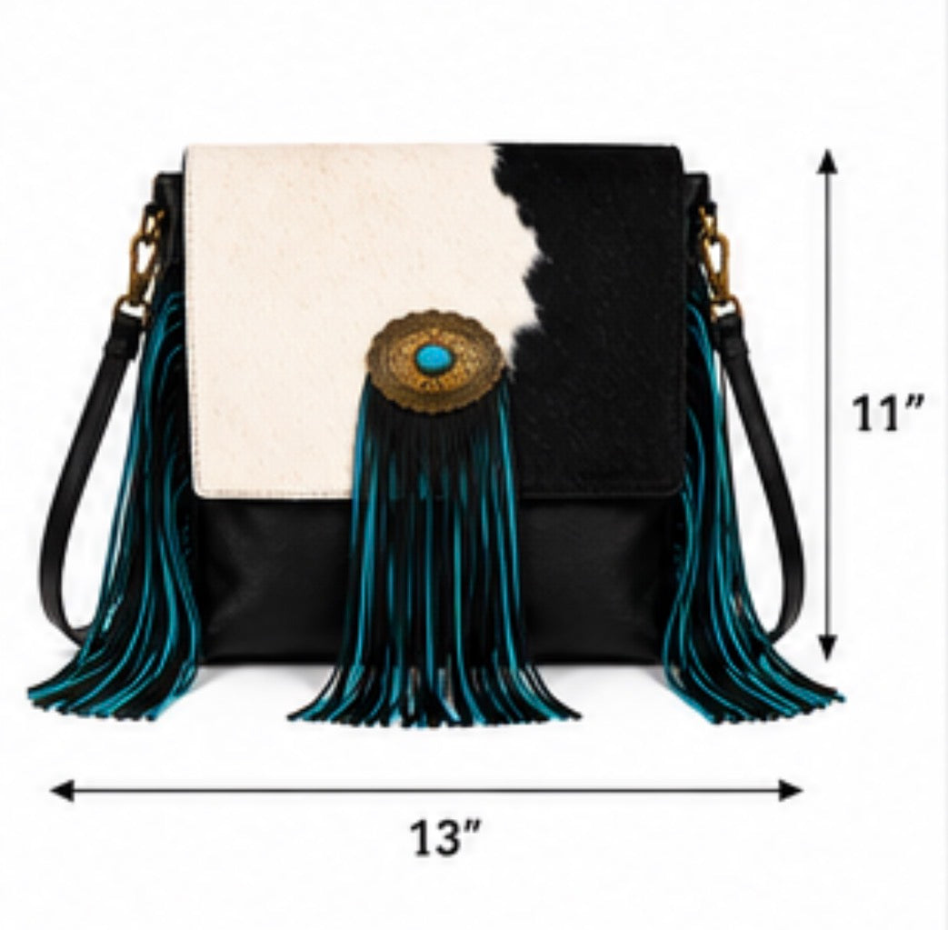 Midnight Mesa Fringe | Genuine Hair-on Hide Western Purse | Branding Iron Western Wear