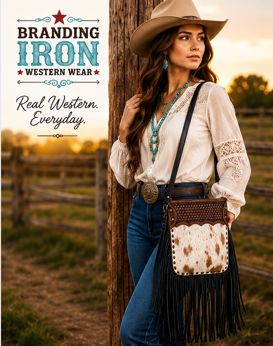 Calamity Crossbody Fringe | Genuine Hair-on Hide Western Purse | Branding Iron Western Wear