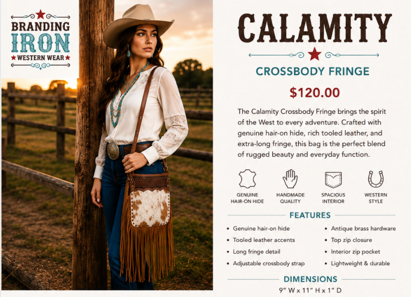 Calamity Crossbody Fringe | Genuine Hair-on Hide Western Purse | Branding Iron Western Wear