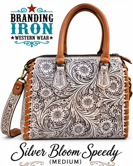 Silver Bloom Speedy (Medium) | Tooled Leather Western Satchel | Branding Iron Western Wear
