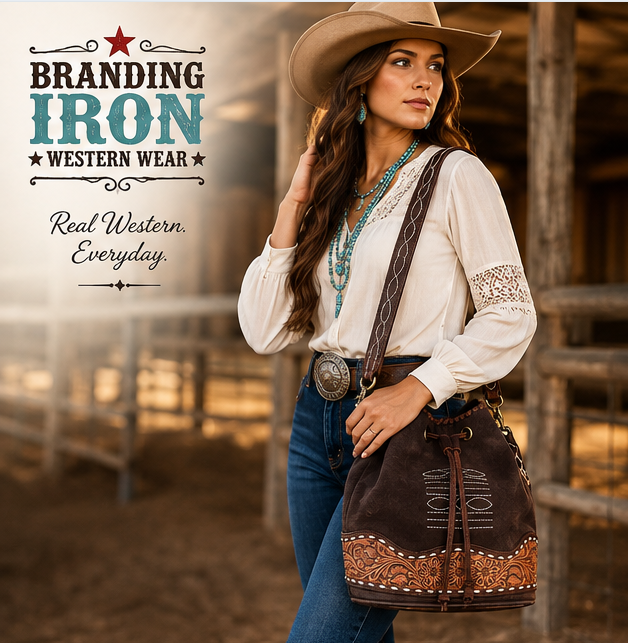 Boot Stitch Bucket Purse | Tooled Leather Western Bucket Bag | Branding Iron Western Wear