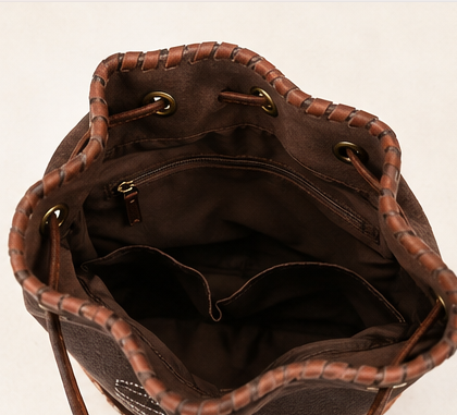 Boot Stitch Bucket Purse | Tooled Leather Western Bucket Bag | Branding Iron Western Wear