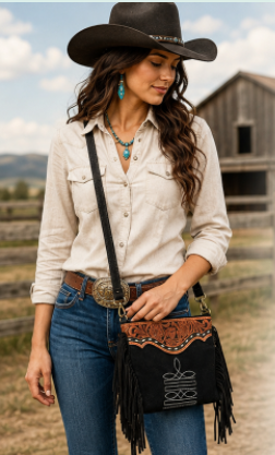 Boot Stitch Crossbody | Black Suede Western Fringe Purse
