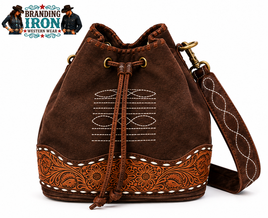 Boot Stitch Bucket Purse | Tooled Leather Western Bucket Bag | Branding Iron Western Wear