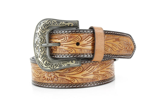 Tan Tooled Leather Floral Belt Unisex Western RMB 14-2502
