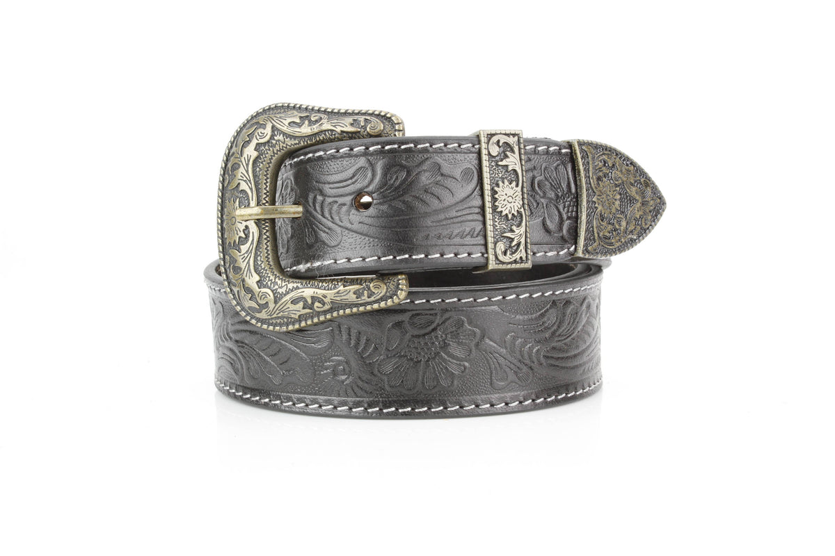 Black Tooled Leather Belt with Floral Filigree ABB 14-2630