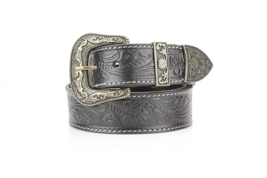 Black Tooled Leather Belt with Floral Filigree ABB 14-2630
