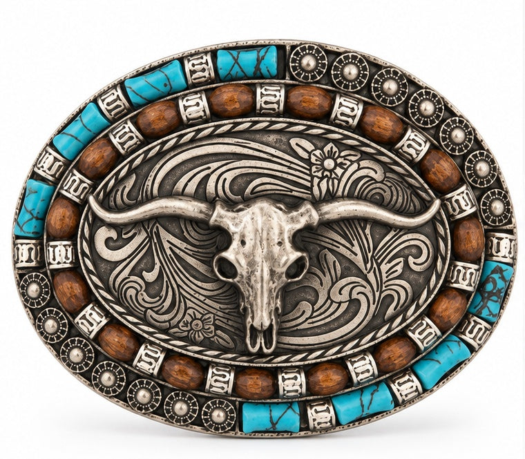 Turquoise Longhorn Western Belt Buckle | Branding Iron Western Wear