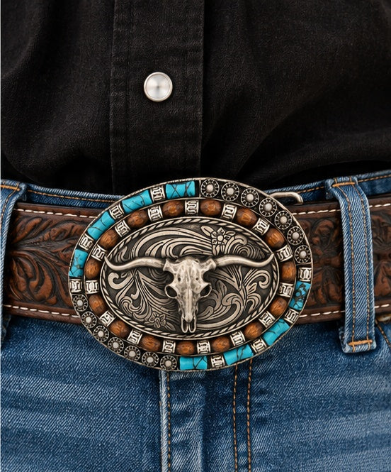 Turquoise Longhorn Western Belt Buckle | Branding Iron Western Wear