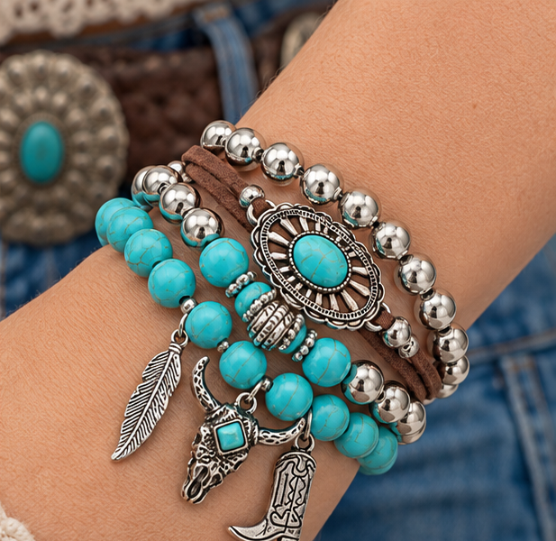 Turquoise Cowgirl Charm Bracelet Set | Branding Iron Western Wear
