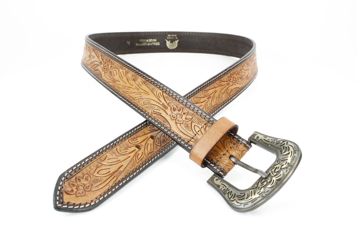Tan Tooled Leather Floral Belt Unisex Western RMB 14-2502