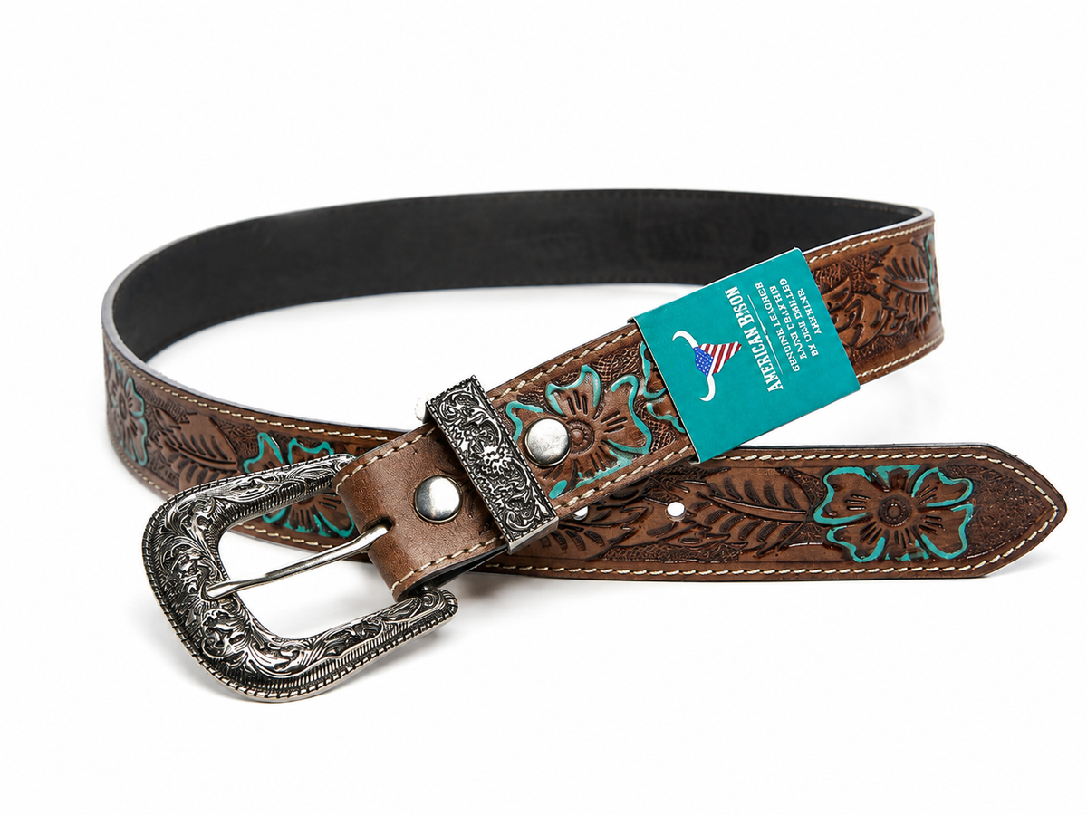 Tooled Leather Belt with Turquoise Floral Accent